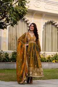 Olive Green Fendy Satin Embroidered Anarkali Gown Set