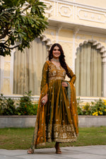 Olive Green Fendy Satin Embroidered Anarkali Gown Set