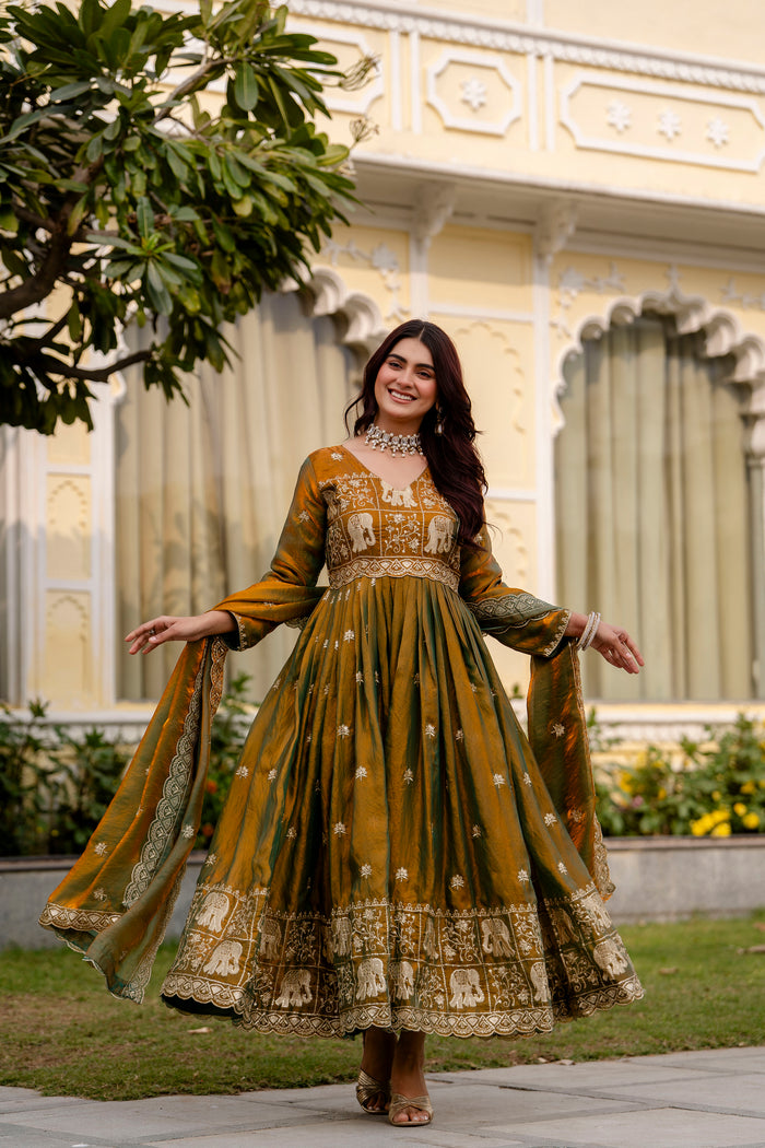 Olive Green Fendy Satin Embroidered Anarkali Gown Set