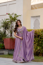 Lavender Vichitra Silk Embroidered Anarkali Gown Set