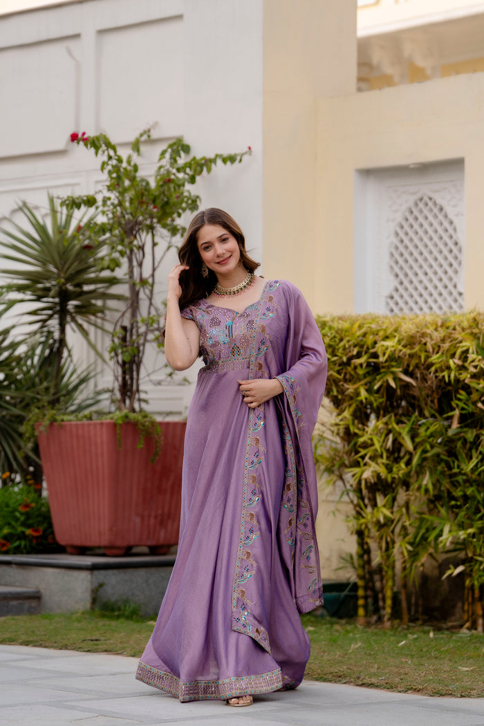 Lavender Vichitra Silk Embroidered Anarkali Gown Set