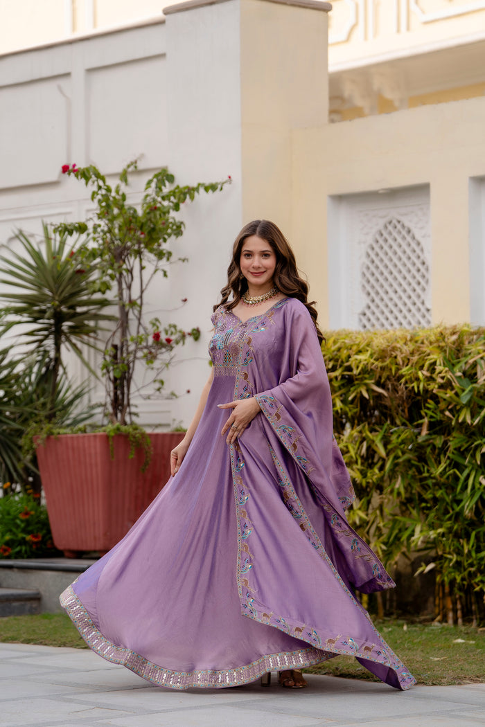 Lavender Vichitra Silk Embroidered Anarkali Gown Set