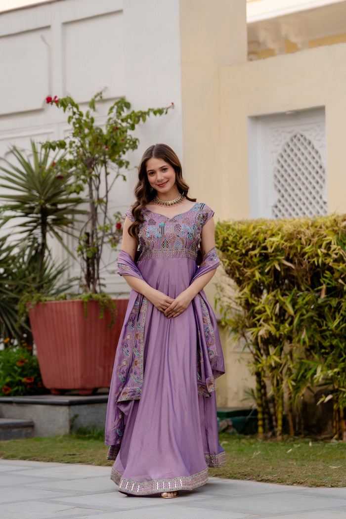 Lavender Vichitra Silk Embroidered Anarkali Gown Set