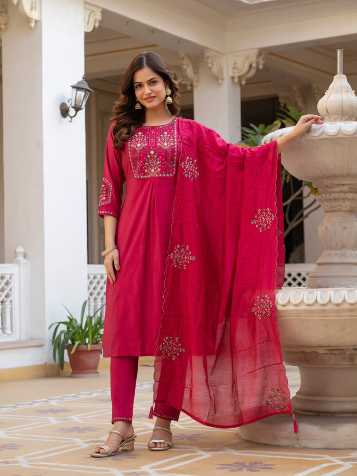 Pink Viscose Mango Silk Embroidered Kurti Set