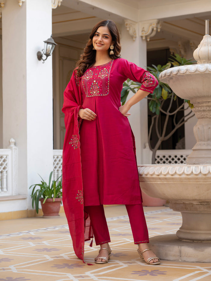 Pink Viscose Mango Silk Embroidered Kurti Set