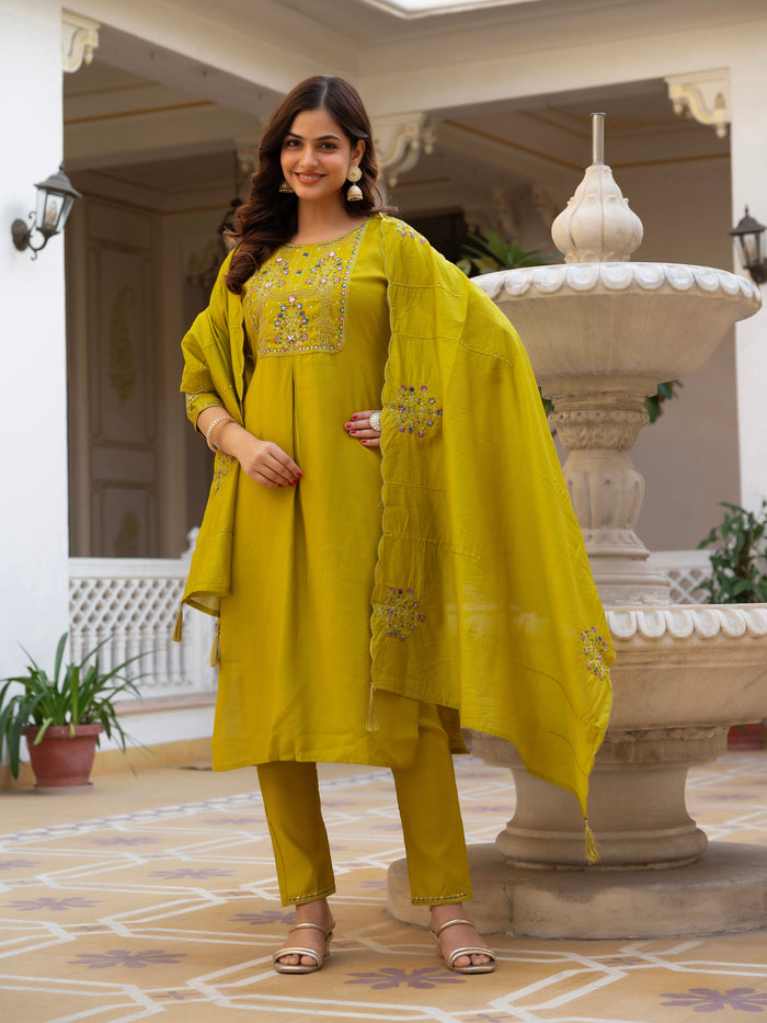 Yellow Viscose Mango Silk Embroidered Kurti Set