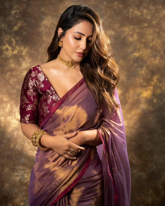 brown plain Burberry silk saree with work blouse