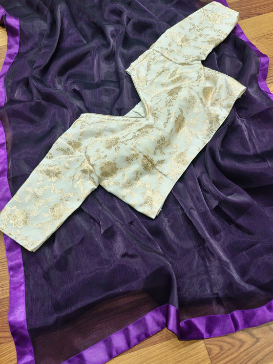 Purple plain Burberry silk saree with work blouse
