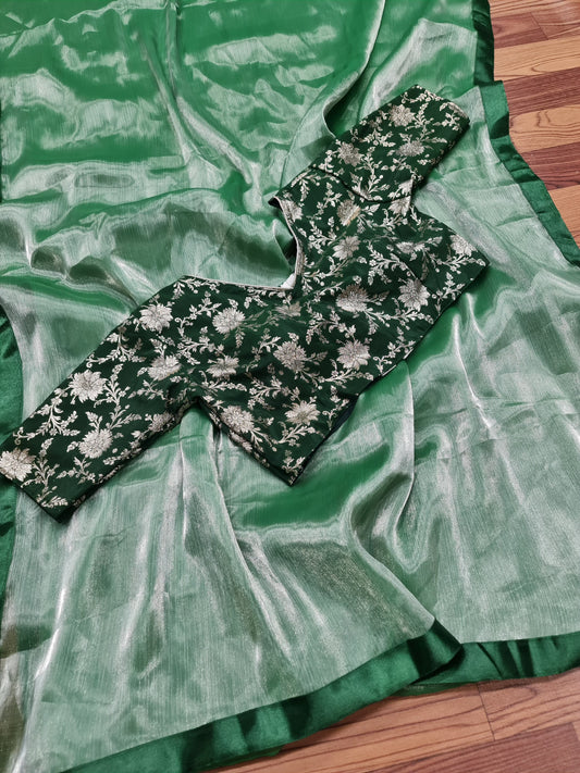 Hippie Green plain Burberry silk saree with work blouse