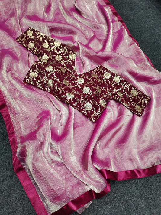pink plain Burberry silk saree with work blouse