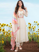 Off White Embroidered Cotton Chex Suit Set