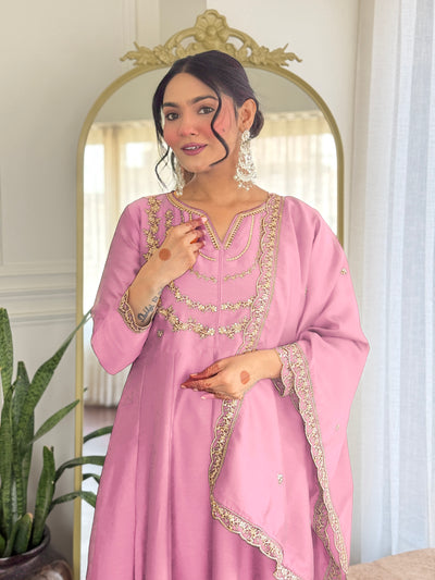 Pink Embroidered Vichitra Silk Anarkali Suit Set