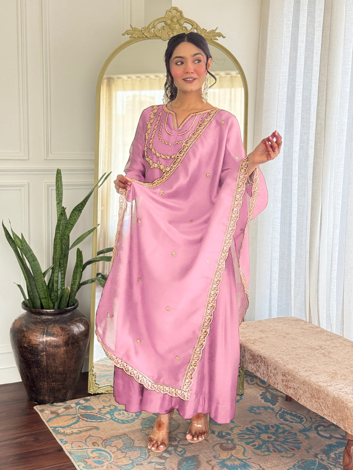 Pink Embroidered Vichitra Silk Anarkali Suit Set
