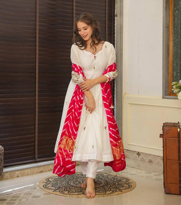 Off White Embroidered Chanderi Suit Set