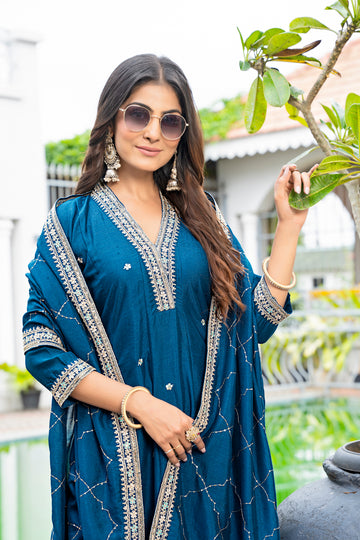 Rama Vichitra Silk Embroidered Anarkali Suit Set
