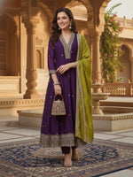 Dark Purple Vichitra Embroidered Kurta Set