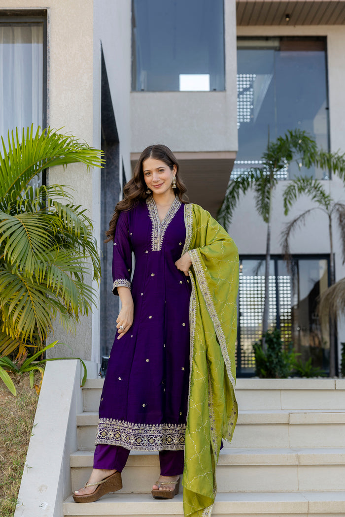 Wine Vichitra Silk Embroidered Anarkali Suit Set
