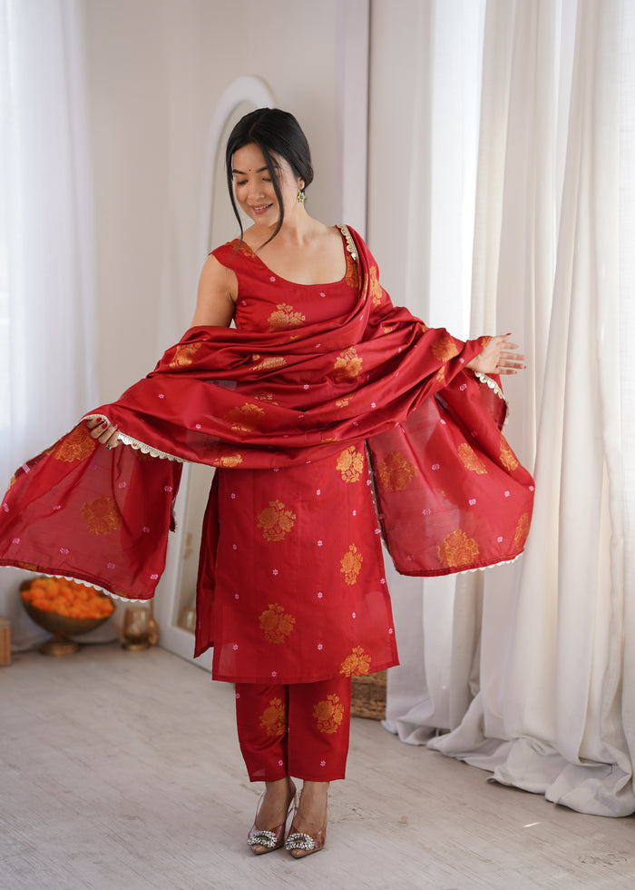Red Aura Chanderi Jacquard Suit Set