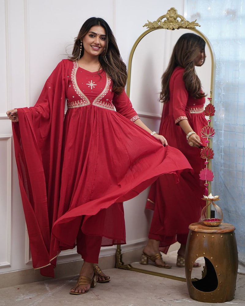 Pure Muslin Cotton Embroidery Suit Set with Chanderi Dupatta