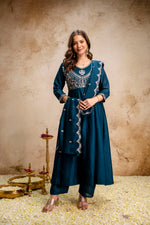 Blue Embroidered Vichitra Silk Anarkali Suit Set