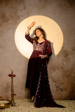 Brown Embroidered Vichitra Silk Anarkali Suit Set