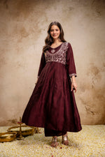 Brown Embroidered Vichitra Silk Anarkali Suit Set