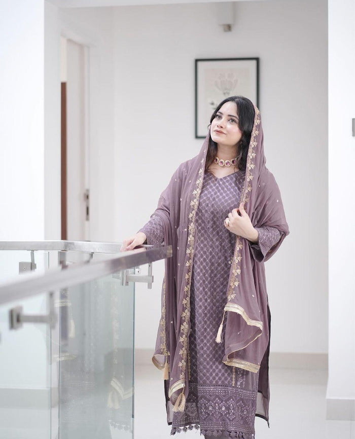 Peach Embroidered Georgette Kurta Set