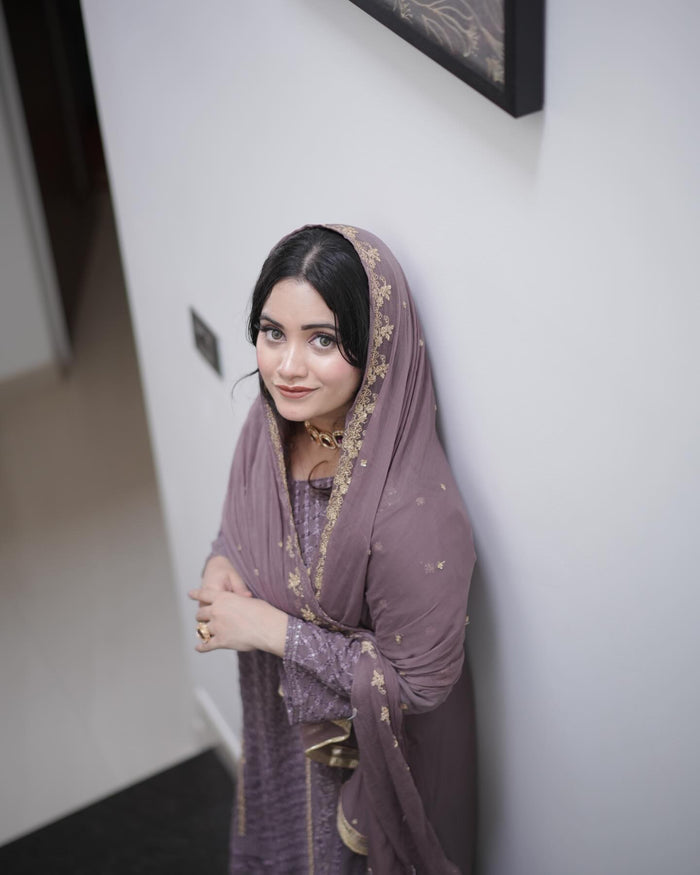 Peach Embroidered Georgette Kurta Set
