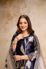 Navy Blue Floral Printed Soft Kurta Pant Set