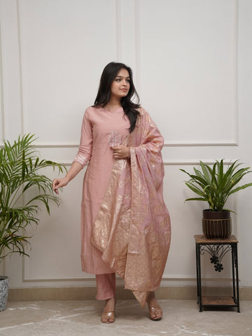 Chanderi Silk Celebration Suit with Detailed Embroidery