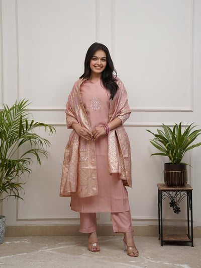 Chanderi Silk Celebration Suit with Detailed Embroidery