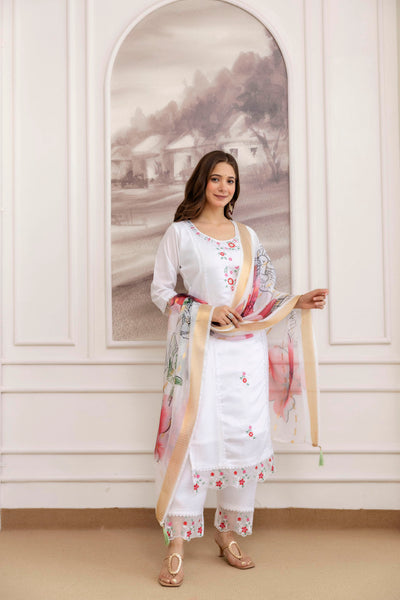 White Embroidered Viscose Chanderi Kurta Set