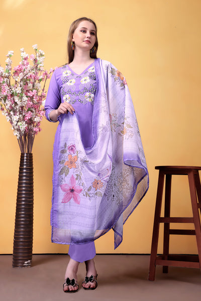 Purple Embroidered Rayon Suit Set