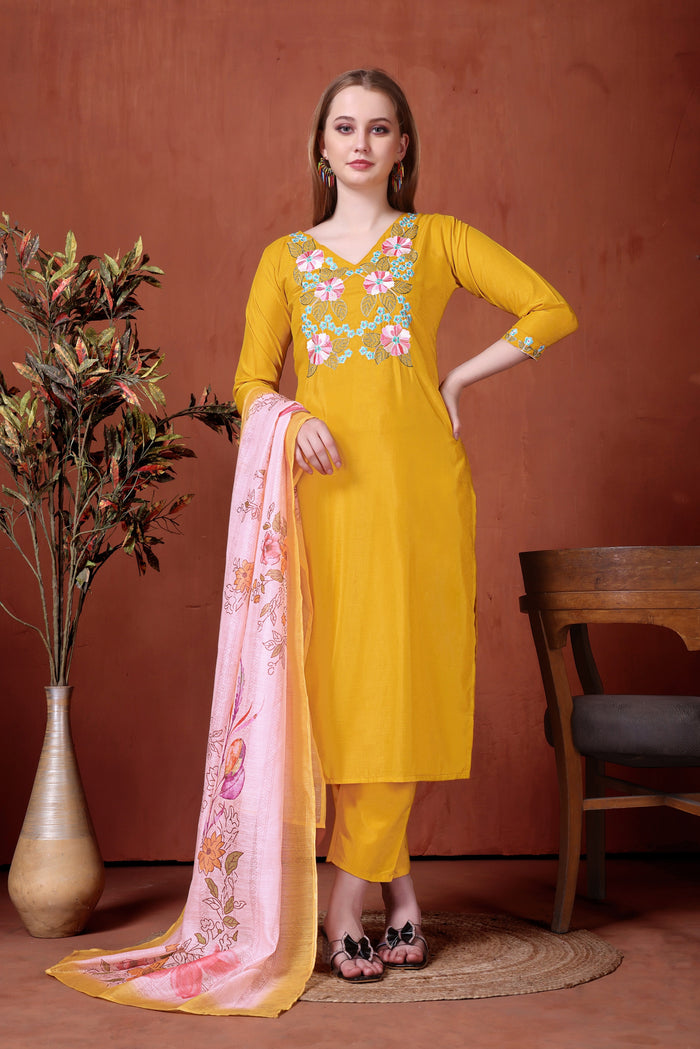 Yellow Embroidered Rayon Suit Set