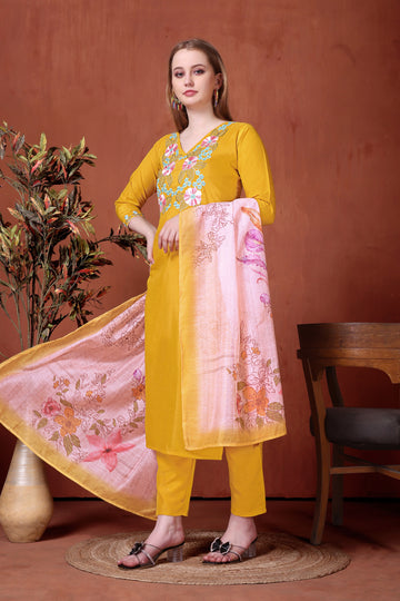 Yellow Embroidered Rayon Suit Set