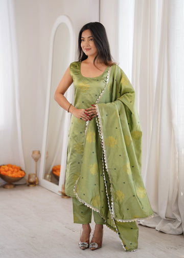 Teal Green Aura Chanderi Jacquard Suit Set