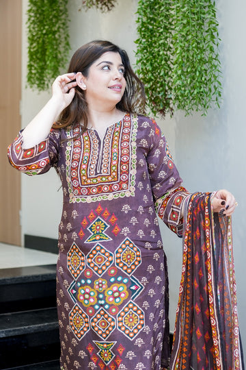 Premium Chinon Silk Brown Printed Kurti Pant Dupatta Set with Handwork Neck