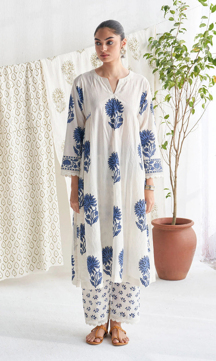 Kalamkari Print Pure Jaipuri Cotton Kurta Pant Dupatta Set