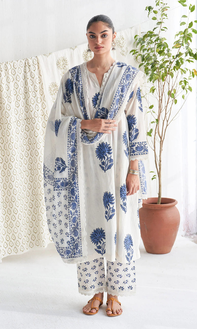 Kalamkari Print Pure Jaipuri Cotton Kurta Pant Dupatta Set