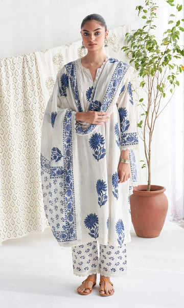 Anushka Kalamkari Print Pure Cotton Kurta Pant & Dupatta Set for Women
