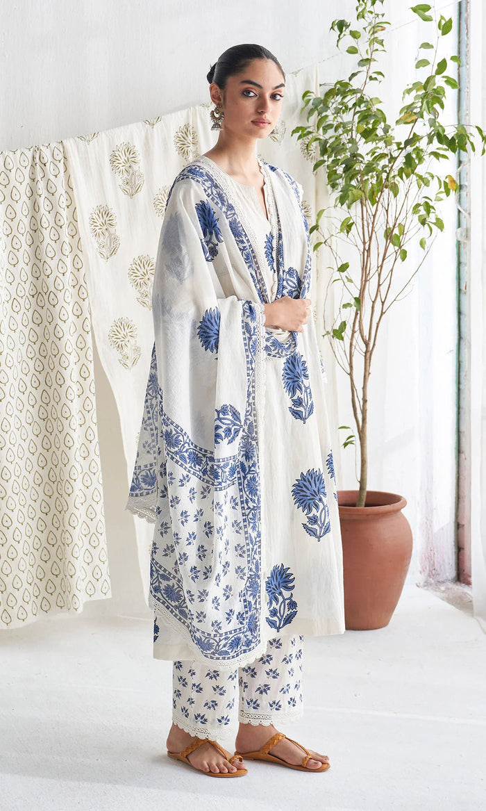 Kalamkari Print Pure Jaipuri Cotton Kurta Pant Dupatta Set