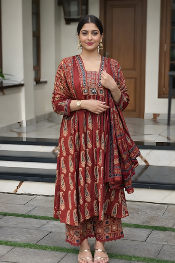 Jaipuri Maroon Cotton Suit Set for Women with Dupatta