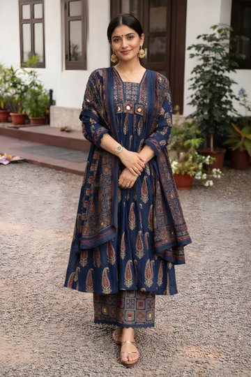 Jaipuri Blue Cotton Suit Set for Women with Dupatta