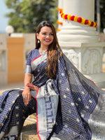 Royal Navy Blue Jacquard Saree