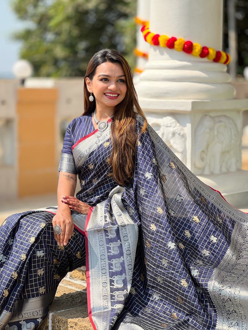 Royal Navy Blue Jacquard Saree