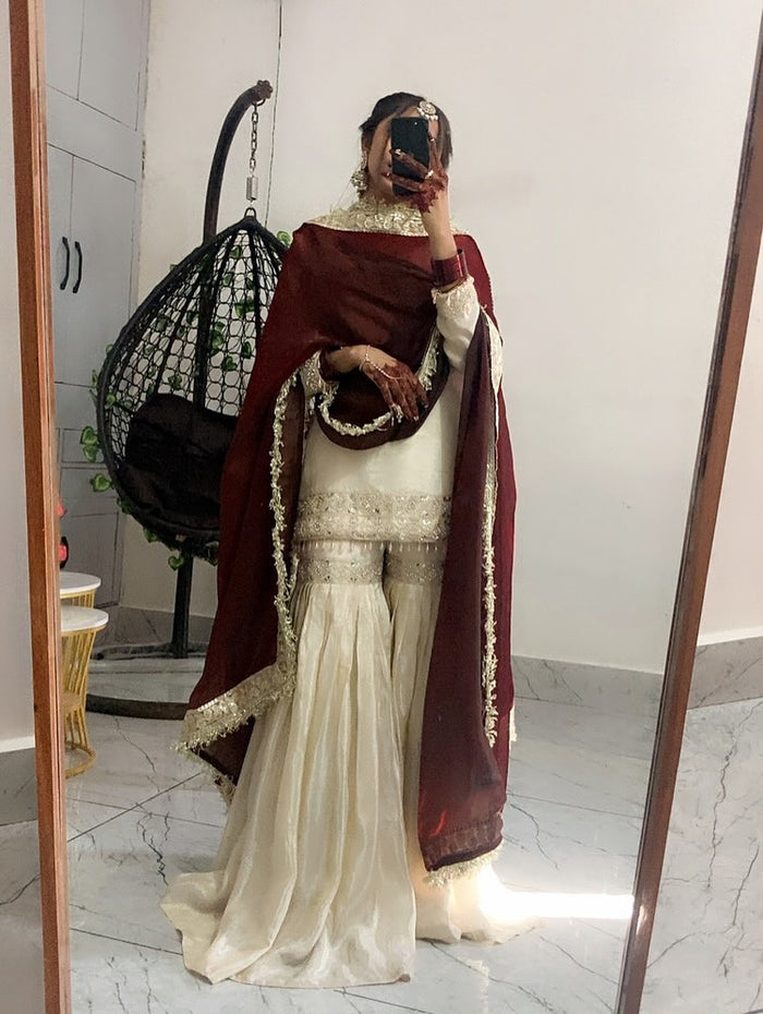 Cream Chinnon Silk Embroidered Sharara Set