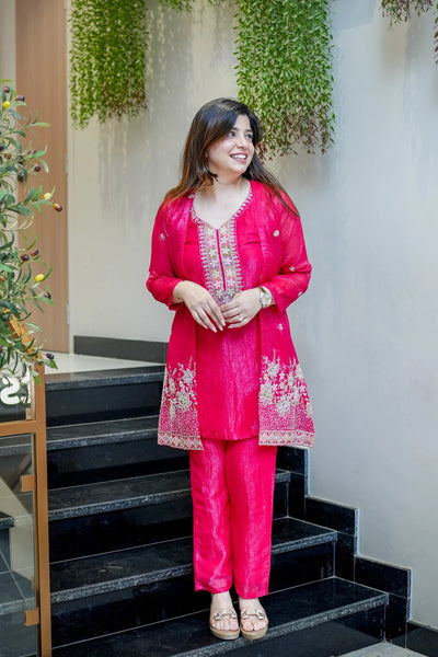 Pink Beads Work Chinnon Silk Palazzo Set