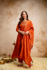Orange Embroidered Vichitra Silk Anarkali Kurta Set