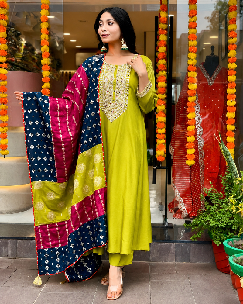 Lemon Yellow Embroidered Viscose Chanderi Suit Set