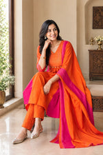 Teal Orange Mul Chanderi Anarkali Suit Set